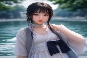 清纯学院风二次元白丝美女插画，双马尾发型搭配水手服与白色过膝袜，背景为校园走廊